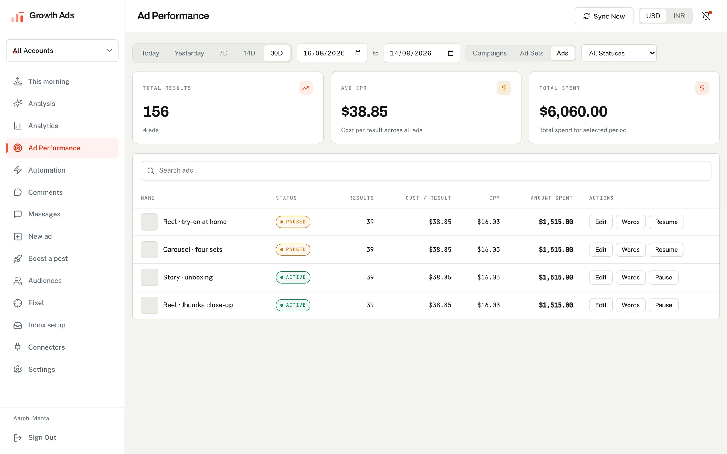 Ad performance: every ad, editable in place