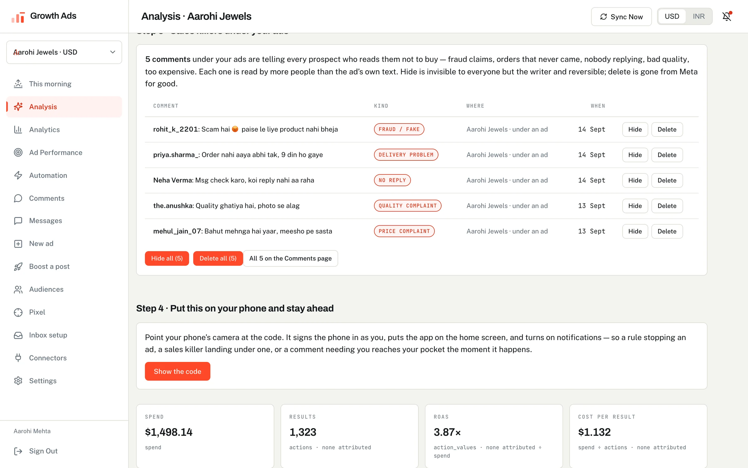 Step three: the sales killers under the ads, with hide and delete
