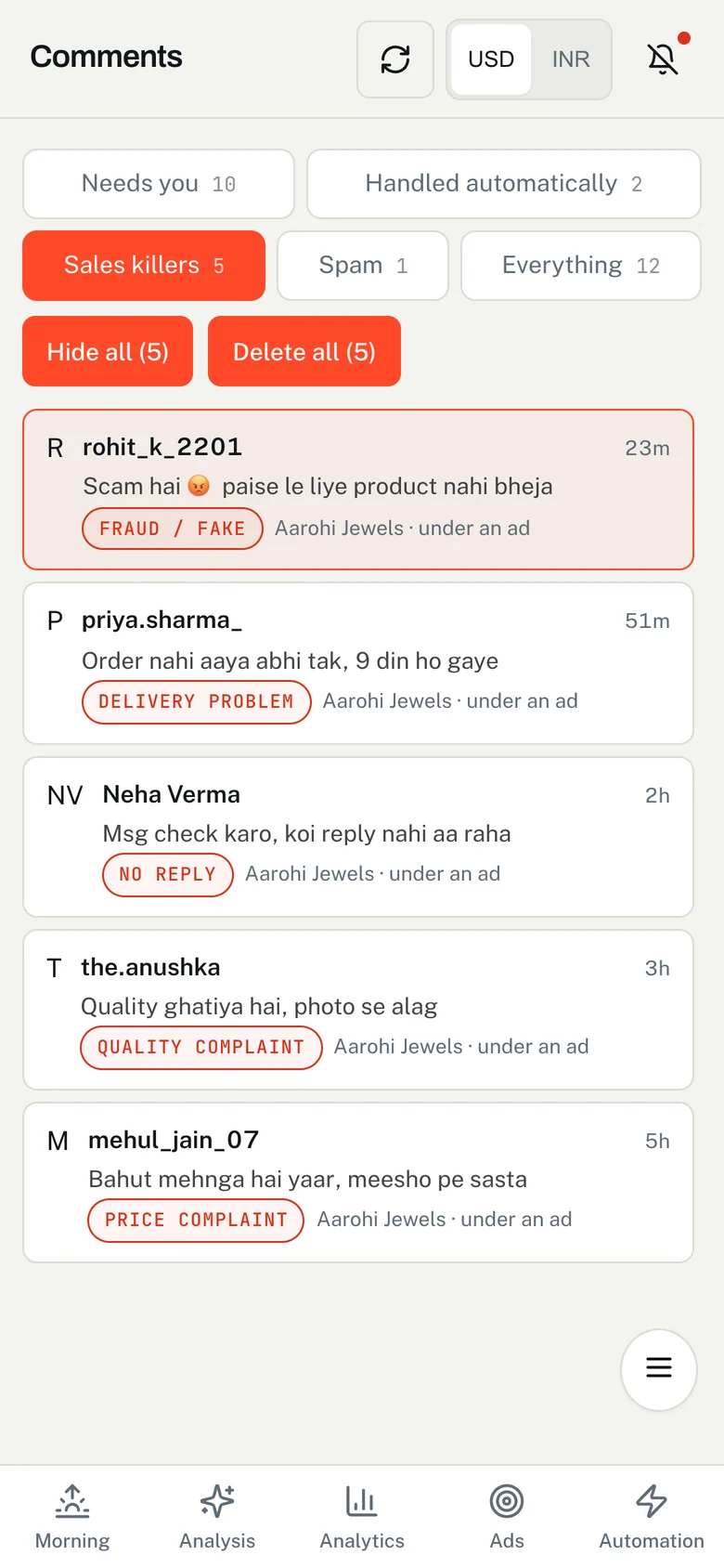Sales killers on the phone, with hide and delete